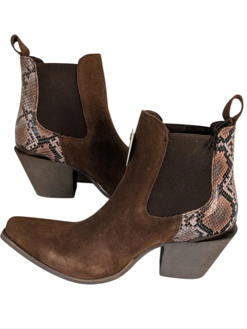 NEW ...Ariat Bradley Western Coffee Suede Boot Snake-Print Heel Accent..Size 9